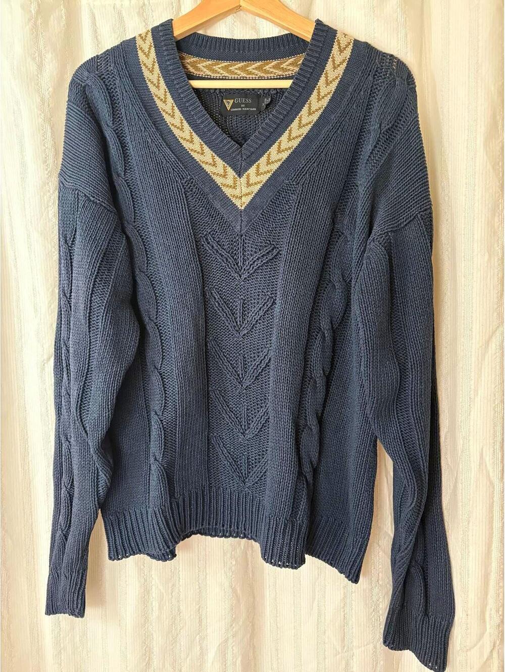 Vintage Guess by Georges Marciano Navy Blue Cable Knit Sweater Medium